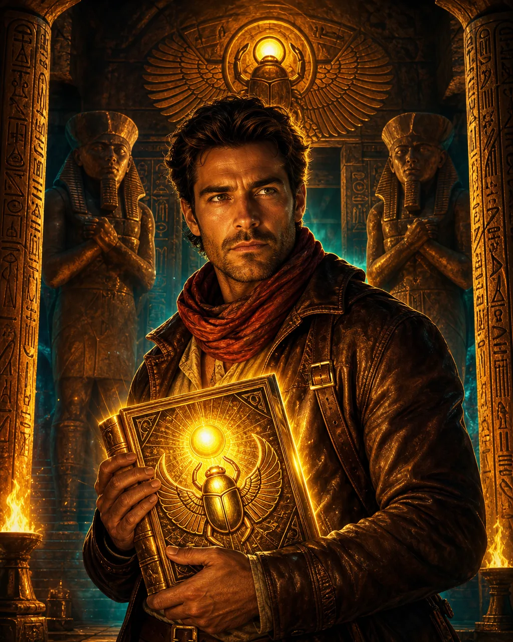 Portada del slot Book of Dead: un explorador con un libro dorado en un templo egipcio